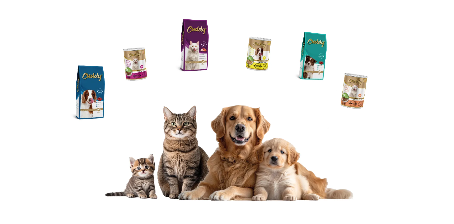 Cuddy kedi ve köpek mamaları ile mutlu dostlar